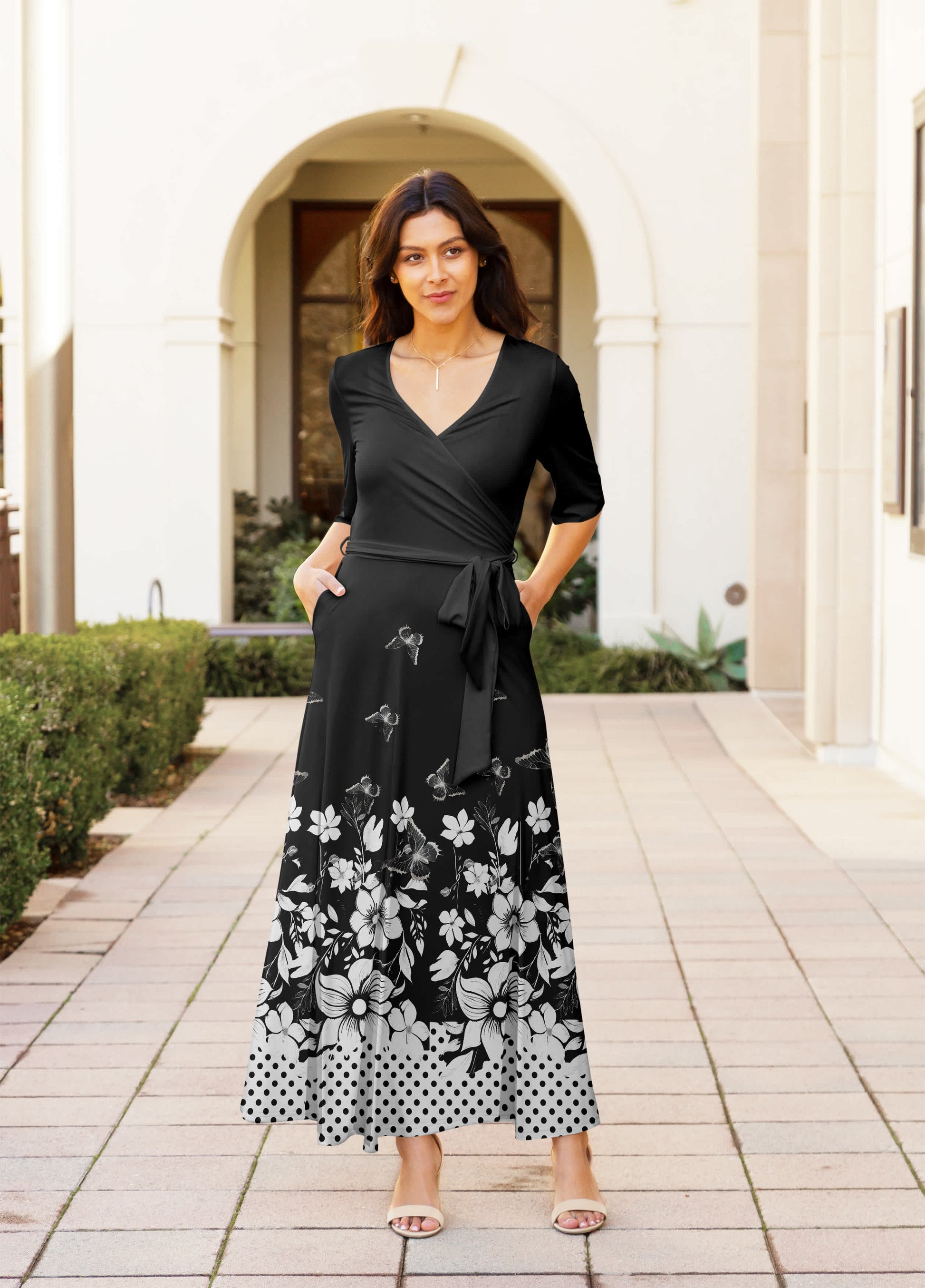Lily by Firmiana Women's  Sleeve Wrap-Style Maxi Dress with Tie Black & White Floral Border Black & White Floral Border / XL