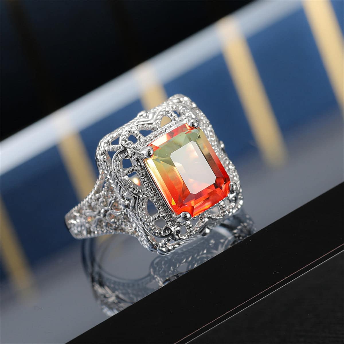 Yellow Red Crystal & Silvertone Radiant-Cut Ring-2