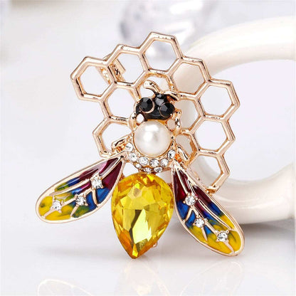 Pearl & Yellow Crystal Goldtone Bee Honeycomb Brooch