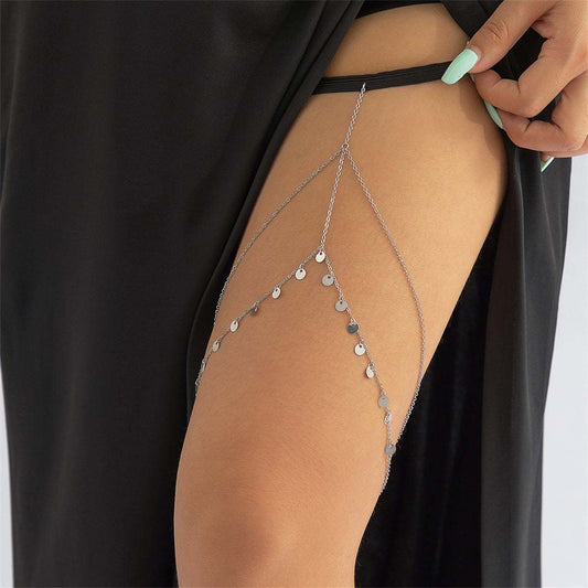 Black Nylon & Silvertone Sequin Layered Leg Chain
