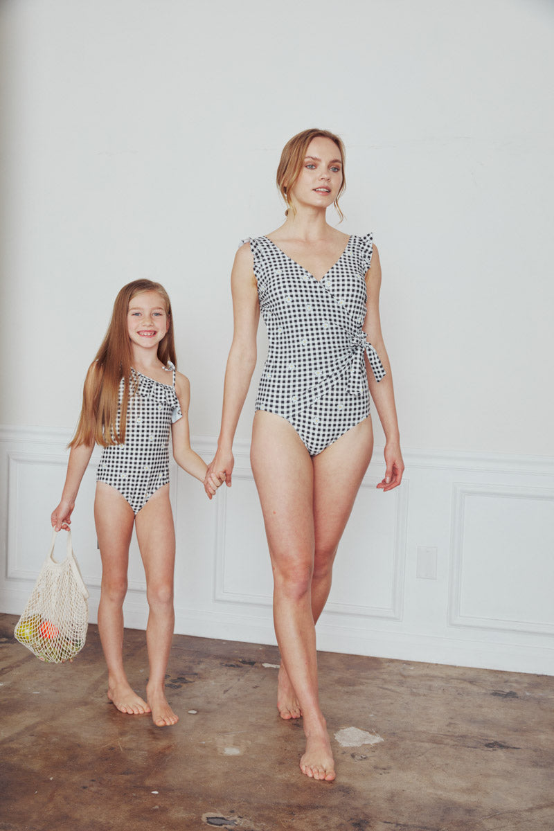 Marina West V-Neck Shoulder Ruffle One Piece Swimsuit (F1802) - Gingham Daisy Blk