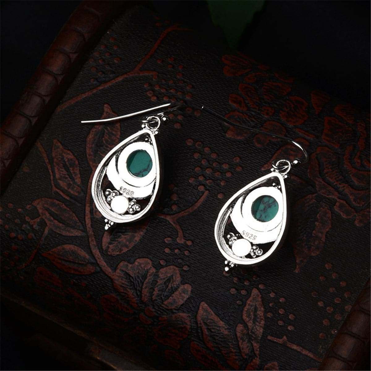 Turquoise & Cubic Zirconia Bezel Textured Drop Earrings