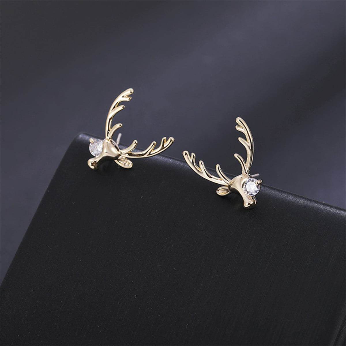 Cubic Zirconia & Goldtone Deer Stud Earrings