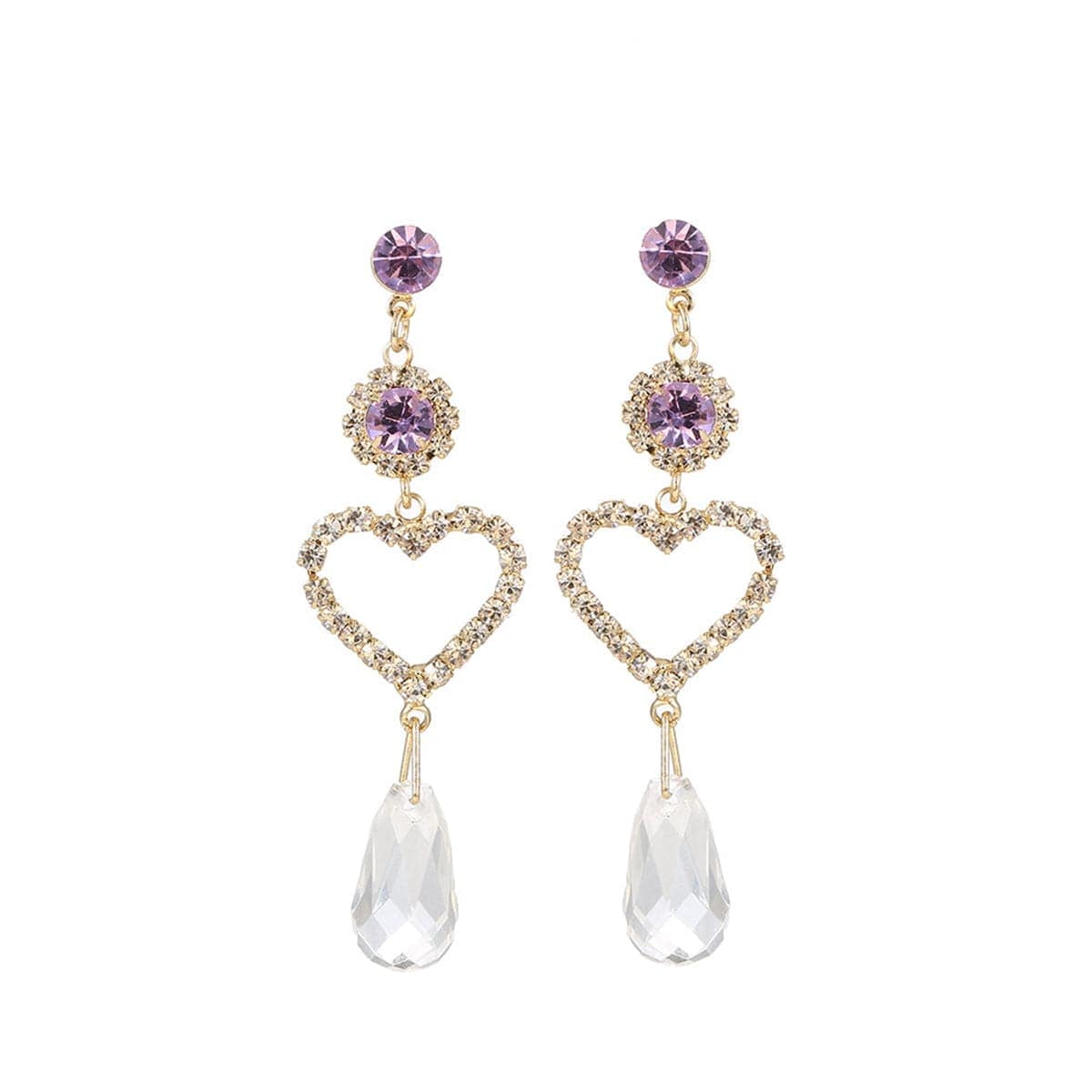 Purple Cubic Zirconia & Crystal Open Heart Tiered Drop Earrings