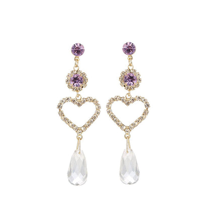 Purple Cubic Zirconia & Crystal Open Heart Tiered Drop Earrings
