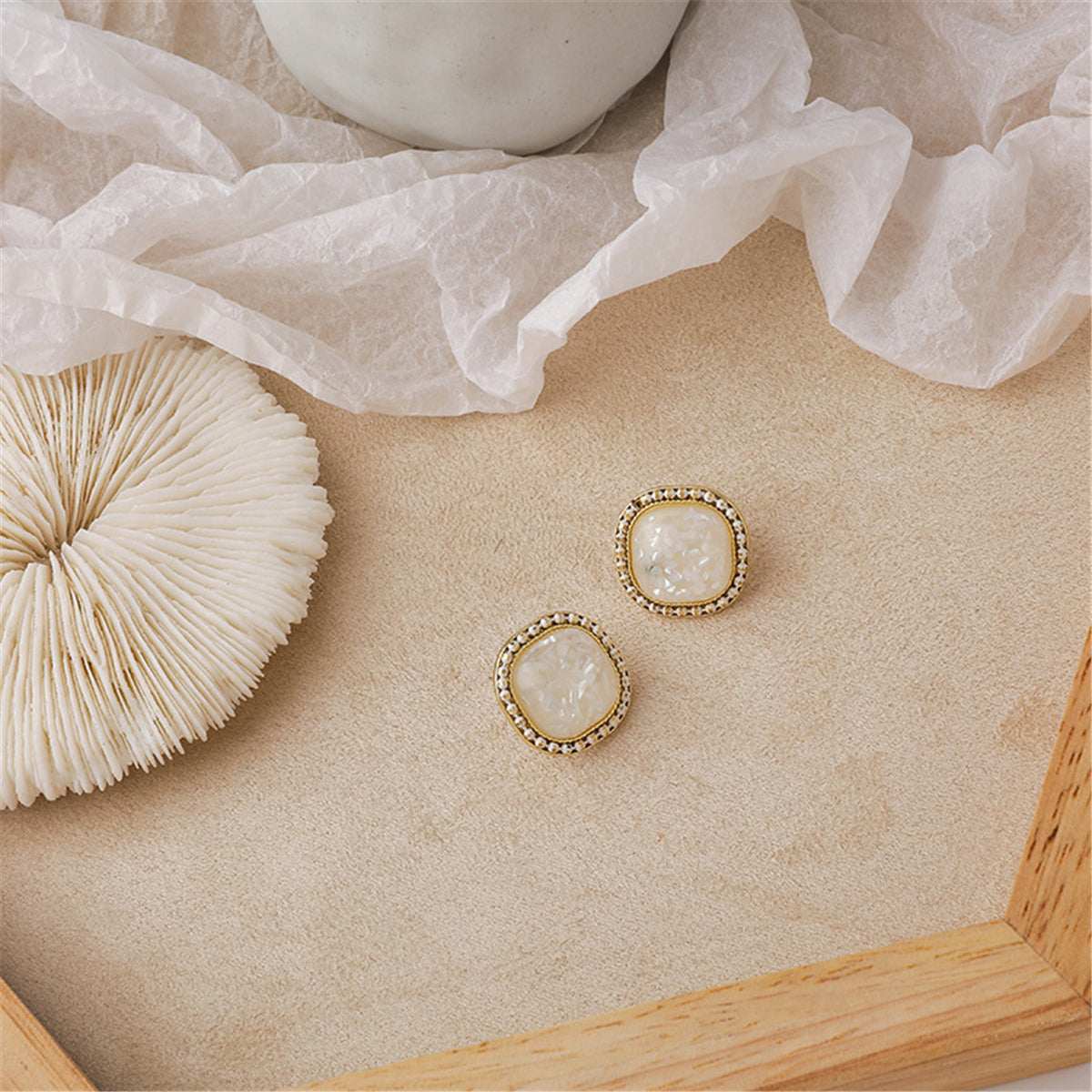 White Resin & Goldtone Square Stud Earrings