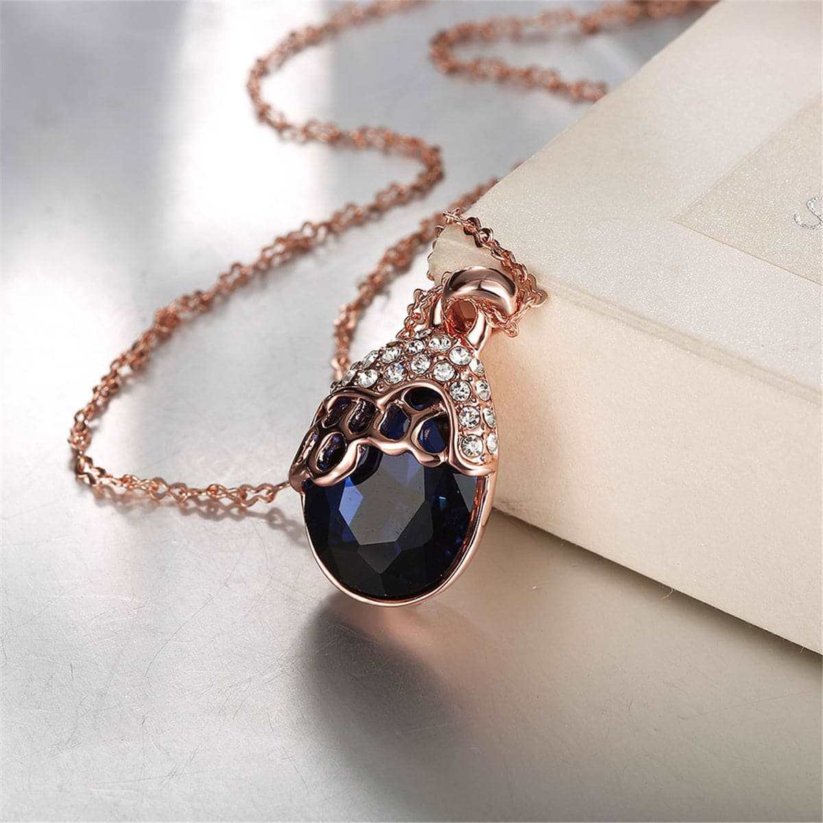Blue Cubic Zirconia & Rose Goldtone Teardrop Pendant Necklace