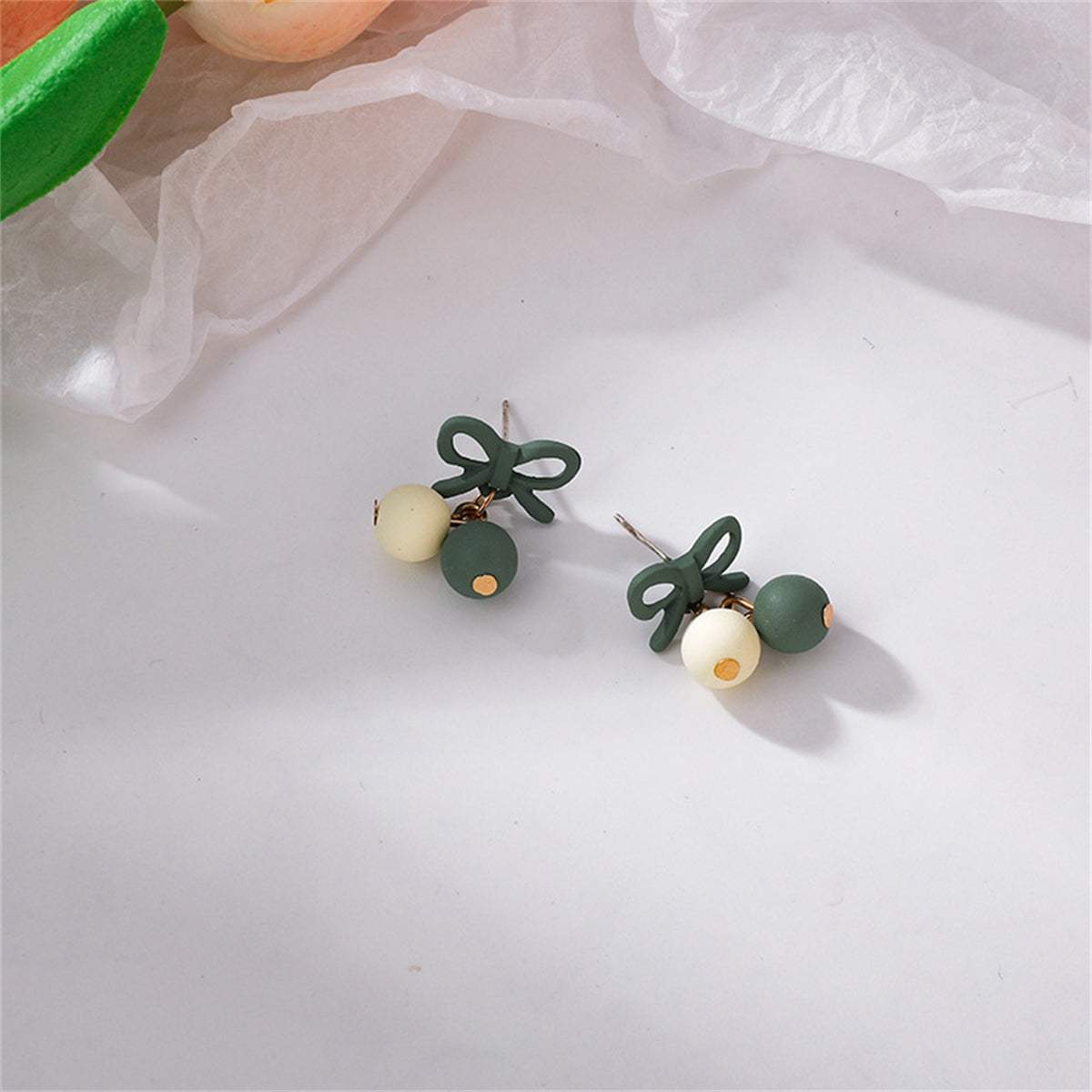 Green Enamel & Goldtone Bow Drop Earrings