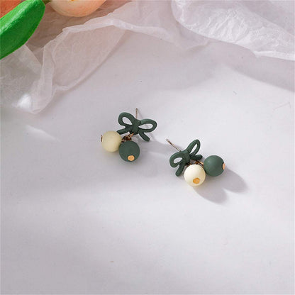 Green Enamel & Goldtone Bow Drop Earrings