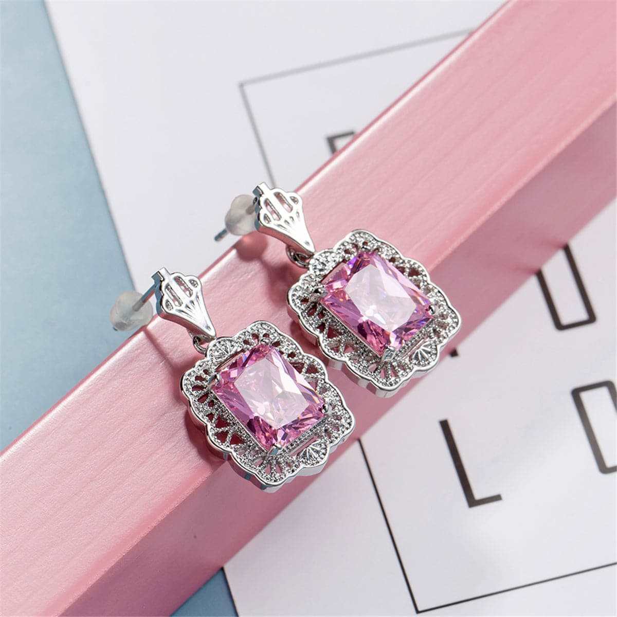 Pink Crystal & Silvertone Radient-Cut Drop Earrings