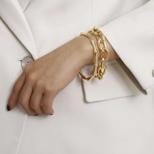 Goldtone Cable Chain Bracelet & Bamboo Bangle Set