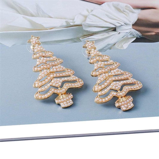 Pearl & Goldtone Christmas Tree Drop Earrings