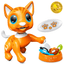 Orange robot cat, white remote, and blue, green, red and black food
