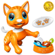 Orange robot cat, white remote, and blue, green, red and black food