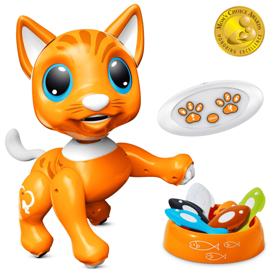 Orange robot cat, white remote, and blue, green, red and black food-