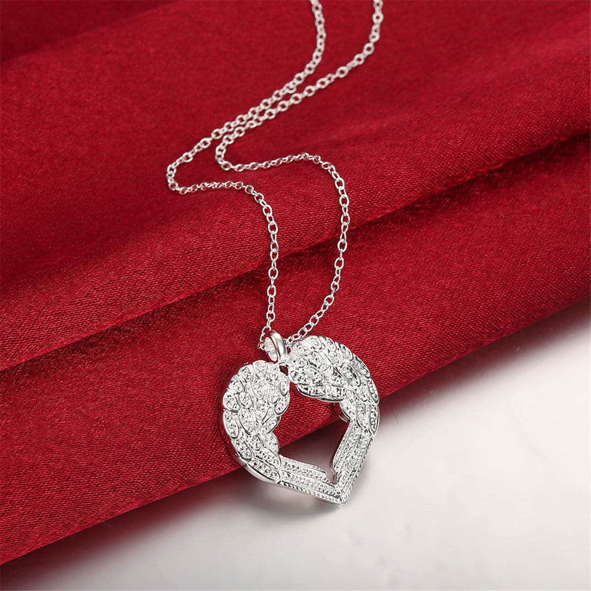 Silvertone Heart Shape Wings Pendant Necklace