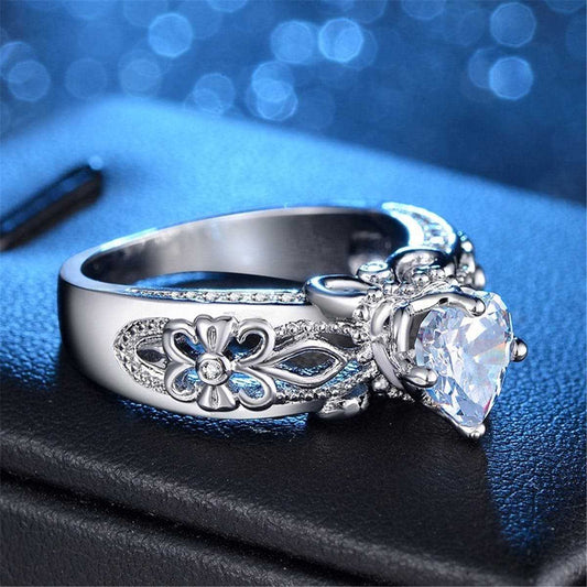 Cubic Zirconia & Silvertone Fleur-De-Lis Heart Ring
