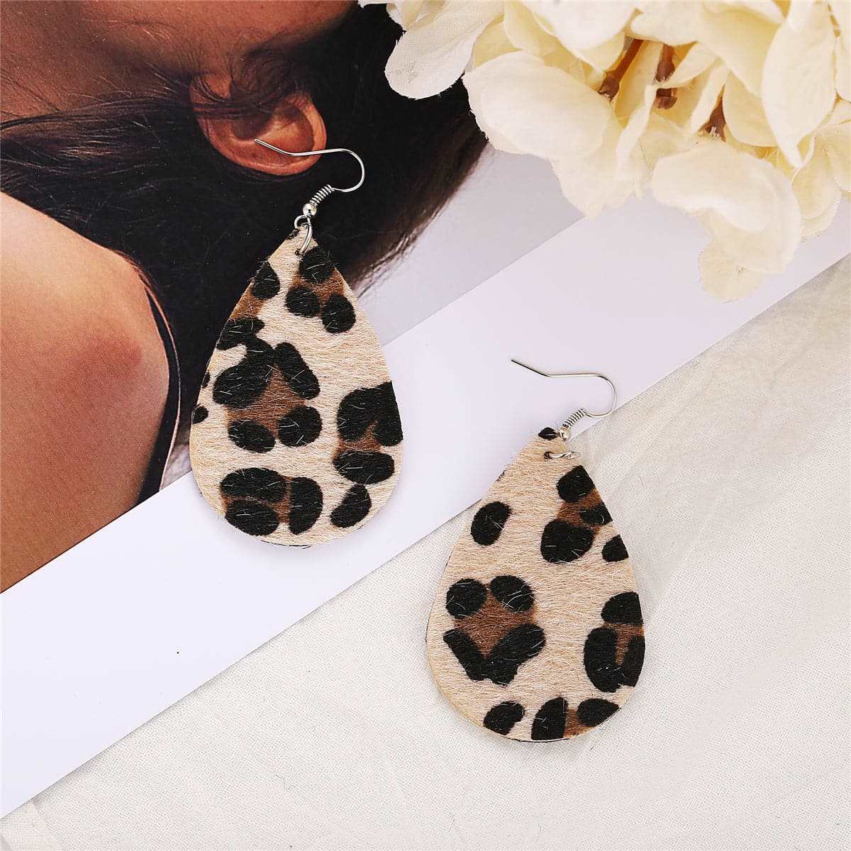 Black Gabardine Leopard-Print Drop Earrings