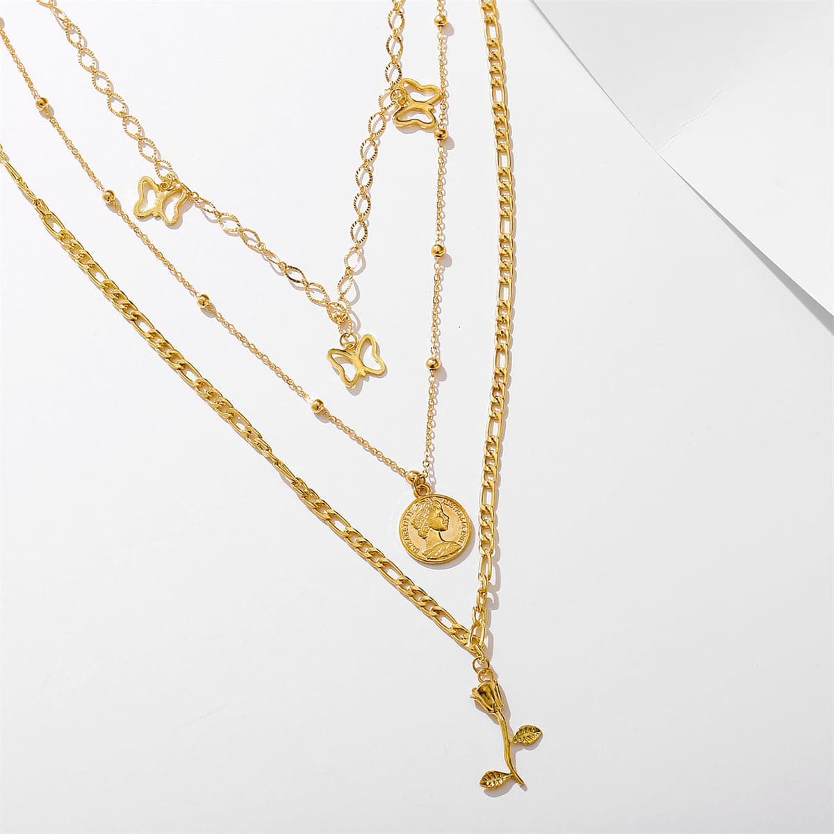 Goldtone Station Butterfly Pendant Layered Necklace
