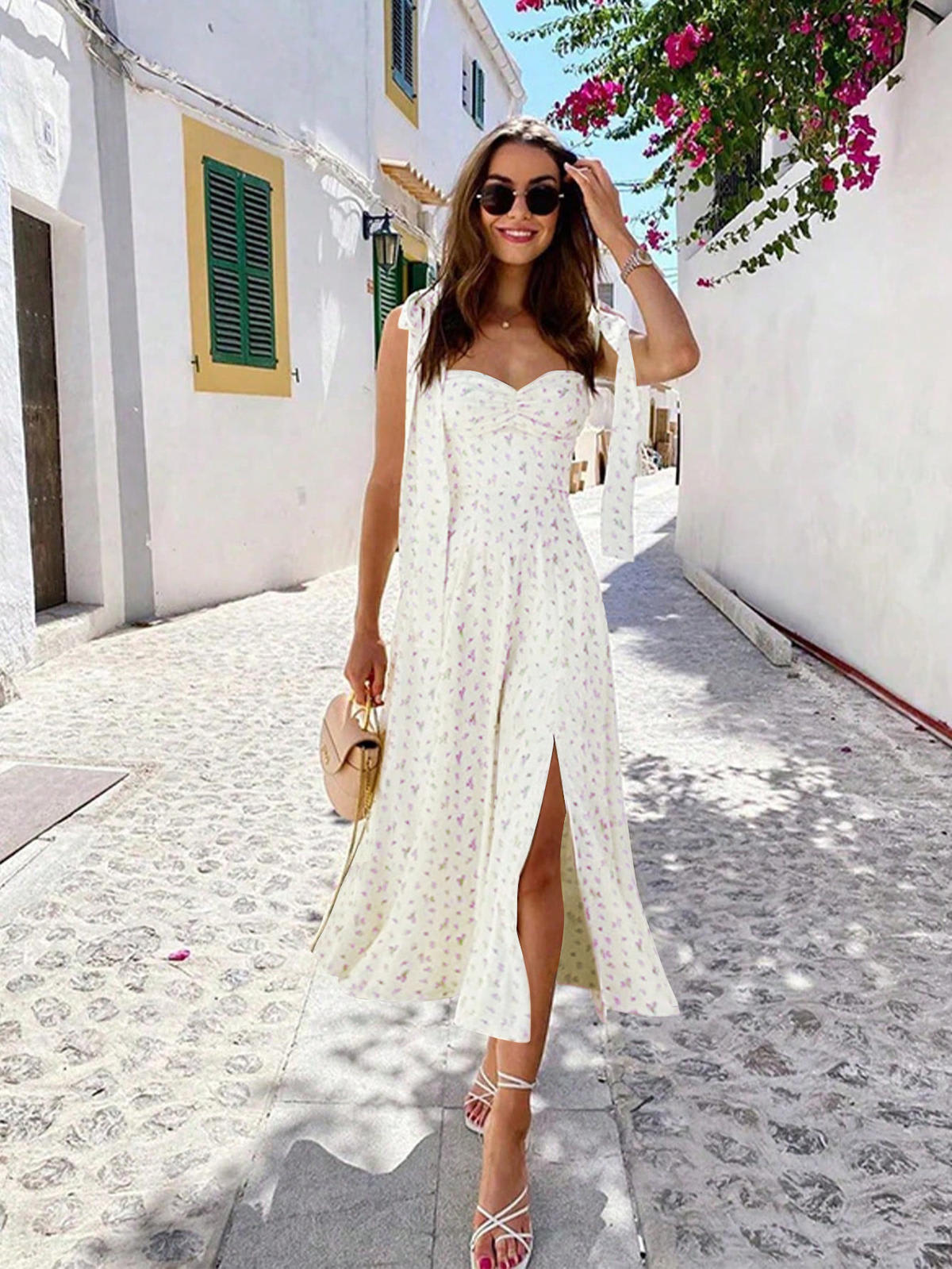strap midi summer dress YESFASHION Womens Floral Spaghetti Strap Midi Dress Flowy A-Line Summer Vacation Casual Dress,L,Blue Floral