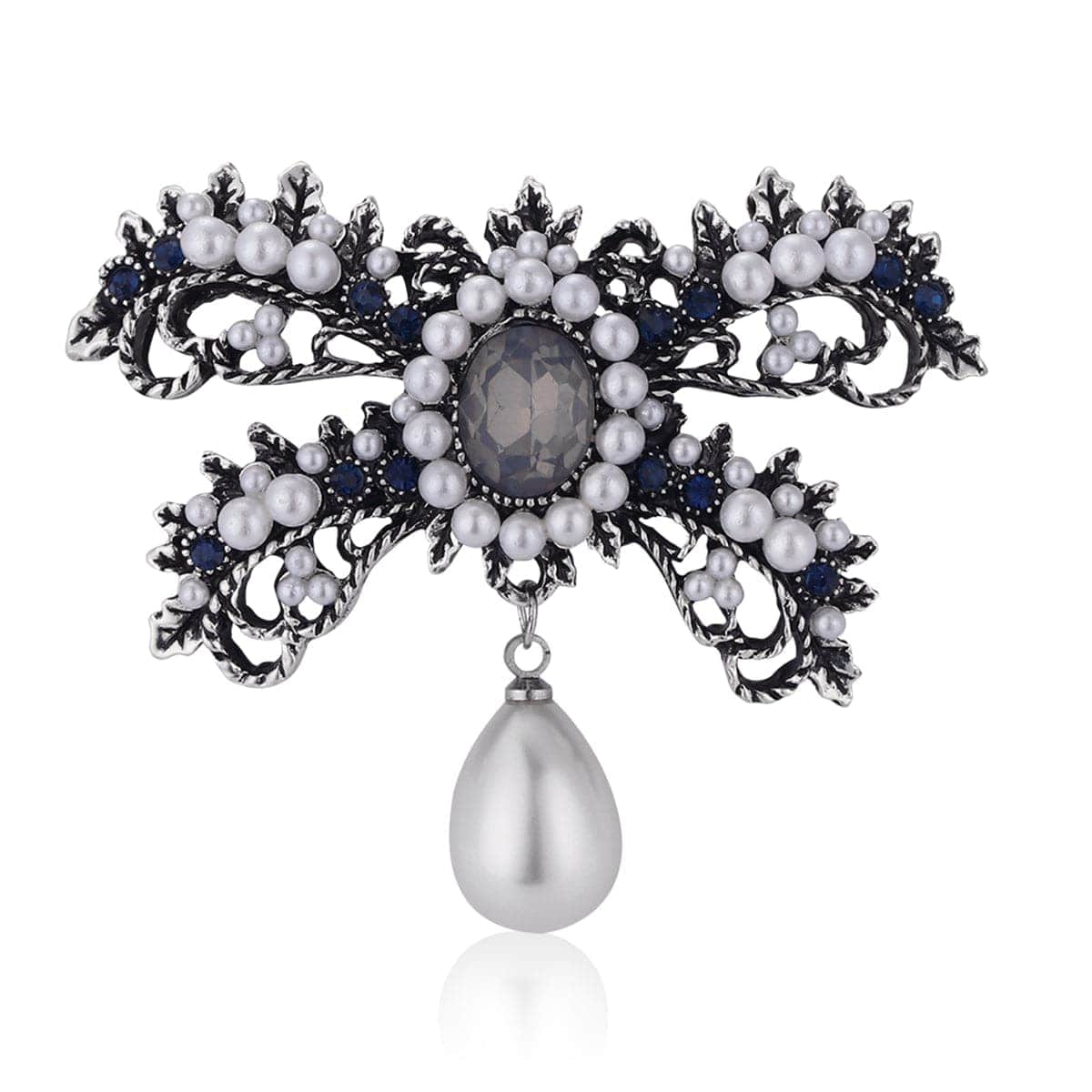 Cubic Zirconia & Silvertone Bow Brooch