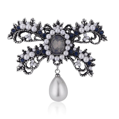 Cubic Zirconia & Silvertone Bow Brooch