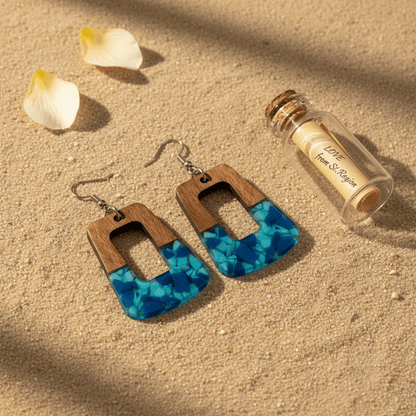 Navy Resin & Wood Silvertone Leopard Print Trapezoid Hook Earrings