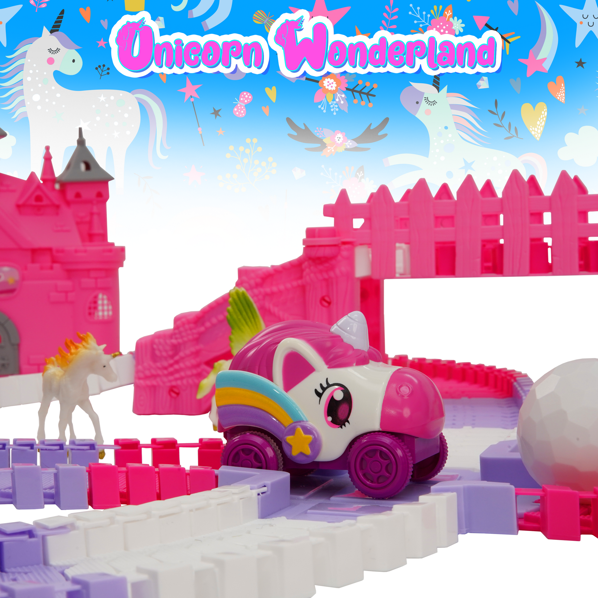 Pink, purple and white tracks and cars-