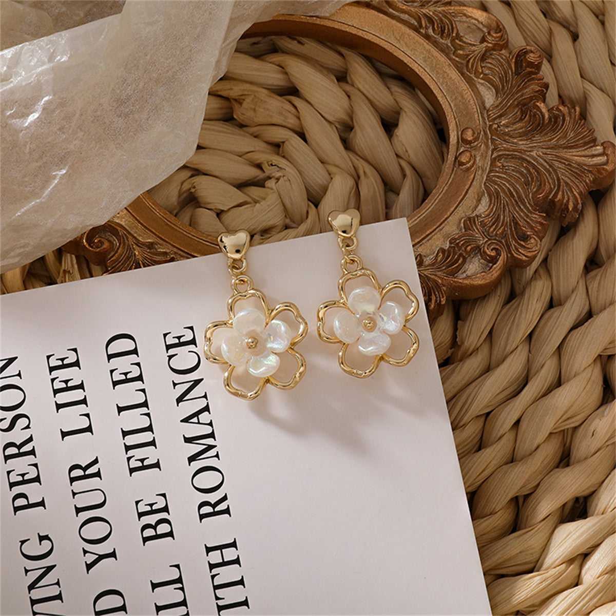 White Acrylic & Goldtone Floral Heart Drop Earrings