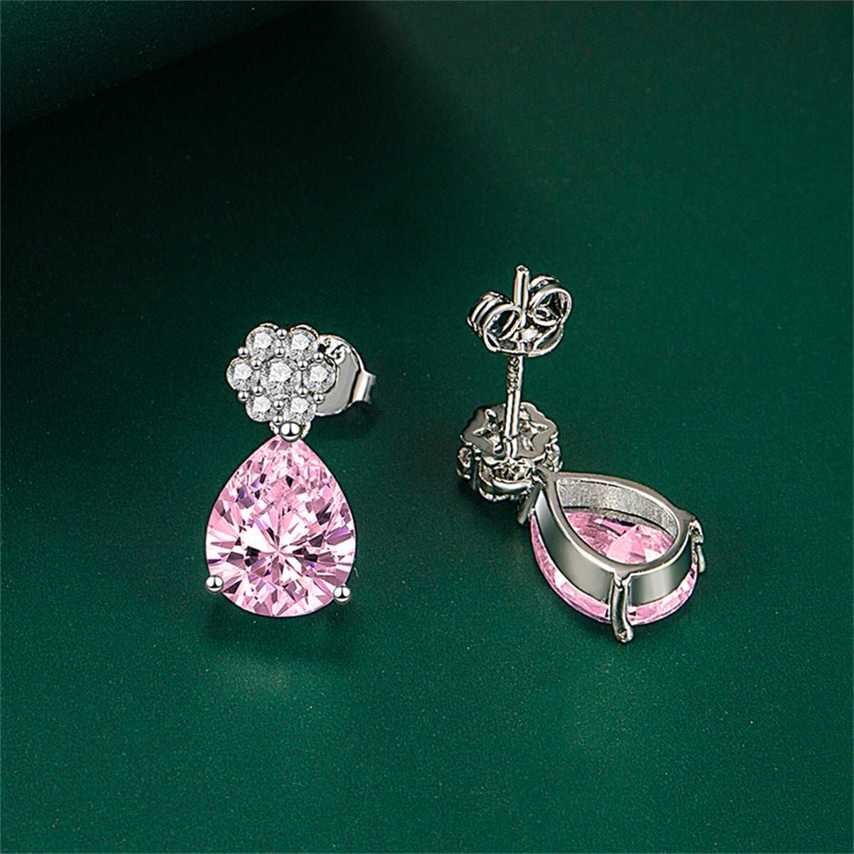 Cubic Zirconia & Pink Crystal Floral Drop Earrings