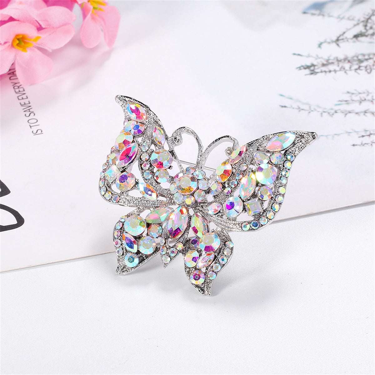 Red & Multicolor Cubic Zirconia Silvertone Butterfly Brooch