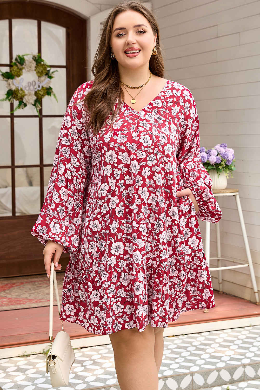 Georgina Balloon Sleeve Relaxed PLUS Dress - Purple / 1X - 14W-16W