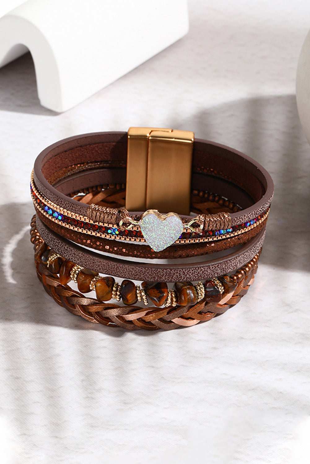 Brown Glittering Heart Accent Multi-layer Vintage Bracelet - Brown / ONE SIZE
