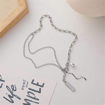 Pearl & Silvertone Figaro Chain Lariat Necklace