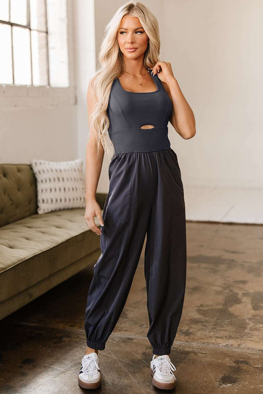 Threaded Pear Avianna Back Crossed Straps Hollow Out Jogger Jumpsuit