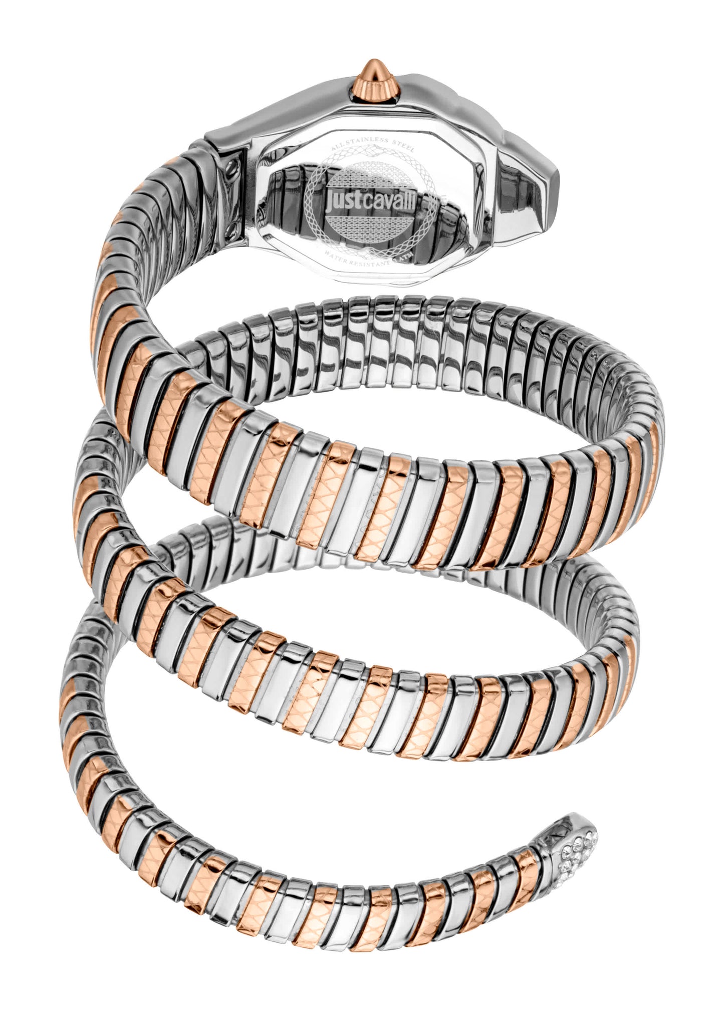 JUST CAVALLI Womens's Snake Watch, Rose Gold Color Case, Silver Dial, Two Tone Silver & Rose Gold Stainless Steel Bracelet JC1L370M0065