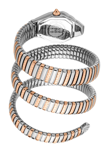 JUST CAVALLI Womens's Snake Watch, Rose Gold Color Case, Silver Dial, Two Tone Silver & Rose Gold Stainless Steel Bracelet JC1L370M0065