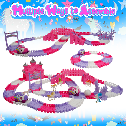 Pink, purple and white tracks and cars-