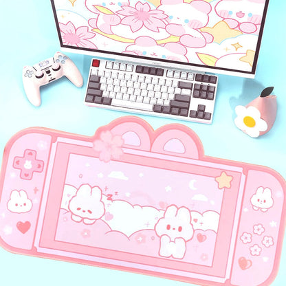 Kawaii Pink Bunnies in a Game Console Desk Pad-