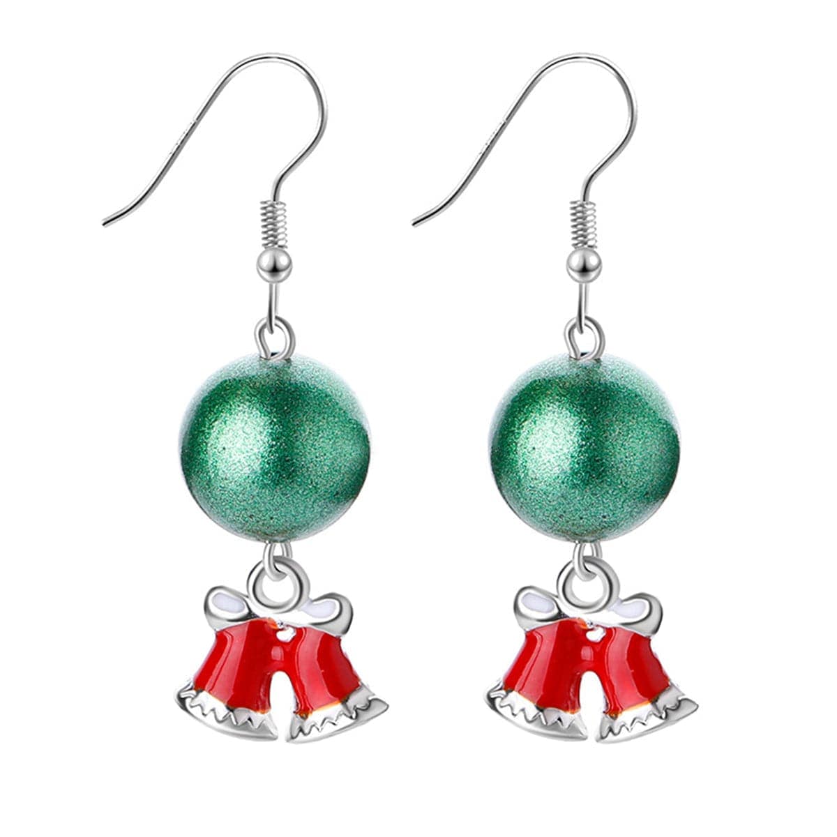 Green & Silvertone Ball Bell Drop Earrings