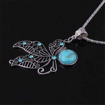 Turquoise & Cubic Zirconia Silvertone Butterfly Pendant Necklace