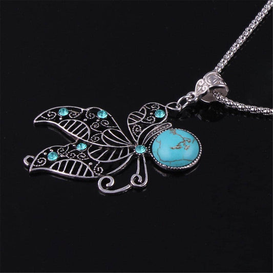 Turquoise & Cubic Zirconia Silvertone Butterfly Pendant Necklace
