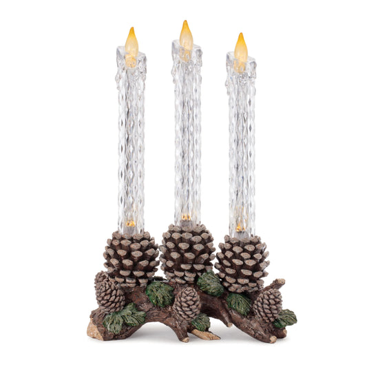 Melrose International LED Taper Candle with Pine Branch and Pinecone Base 15.5"H