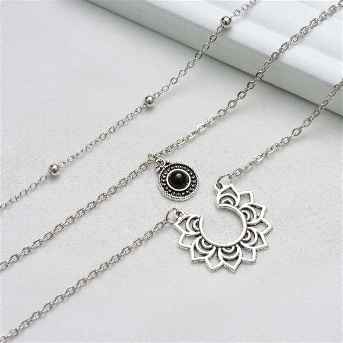 Black Resin & Silvertone Sunflower Layered Pendant Necklace