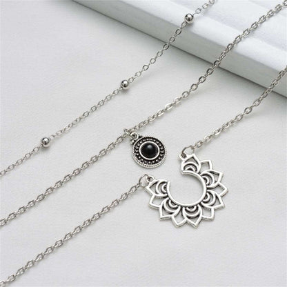 Black Resin & Silvertone Sunflower Layered Pendant Necklace