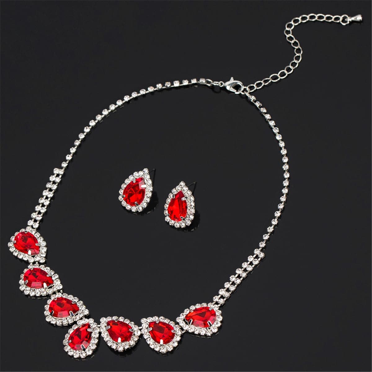 Red & Silvertone Pear Statement Necklace & Stud Earrings
