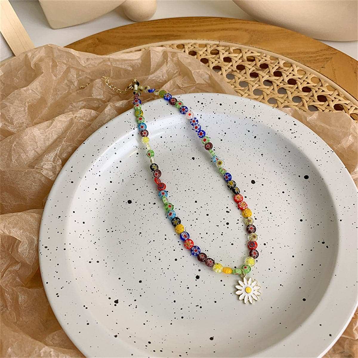 White Enamel & Multicolor Acrylic Goldtone Daisy Pendant Beaded Necklace