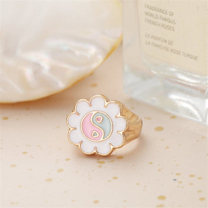 White Enamel & Goldtone Yin Yang Flower Ring