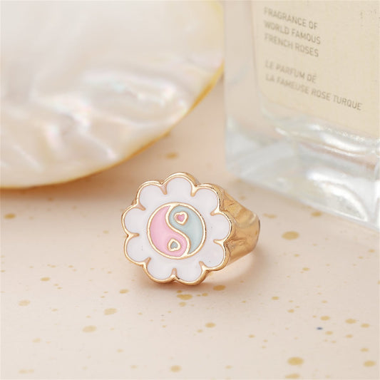 White Enamel & Goldtone Yin Yang Flower Ring