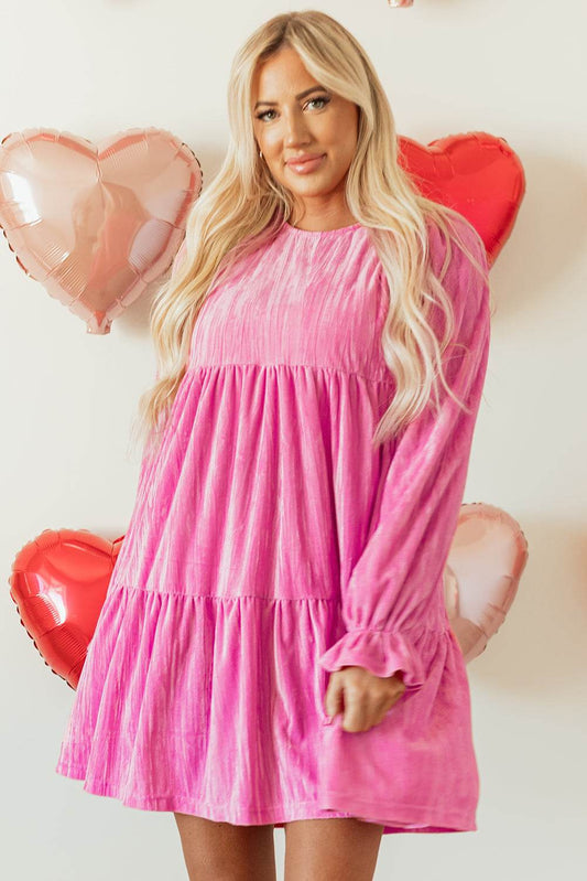 Threaded Pear Dahlia Flounce Sleeve Tiered Ruffled Velvet Mini Dress